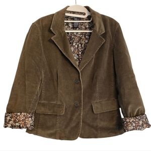 New Frontier Olive Corduroy Blazer with Floral Trim